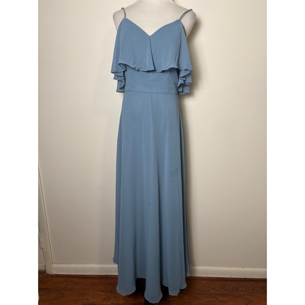 Mori Lee Bridesmaid Dress 10 Blue‎ Chiffon Ruffle Cold Shoulder Maxi Dress 21509